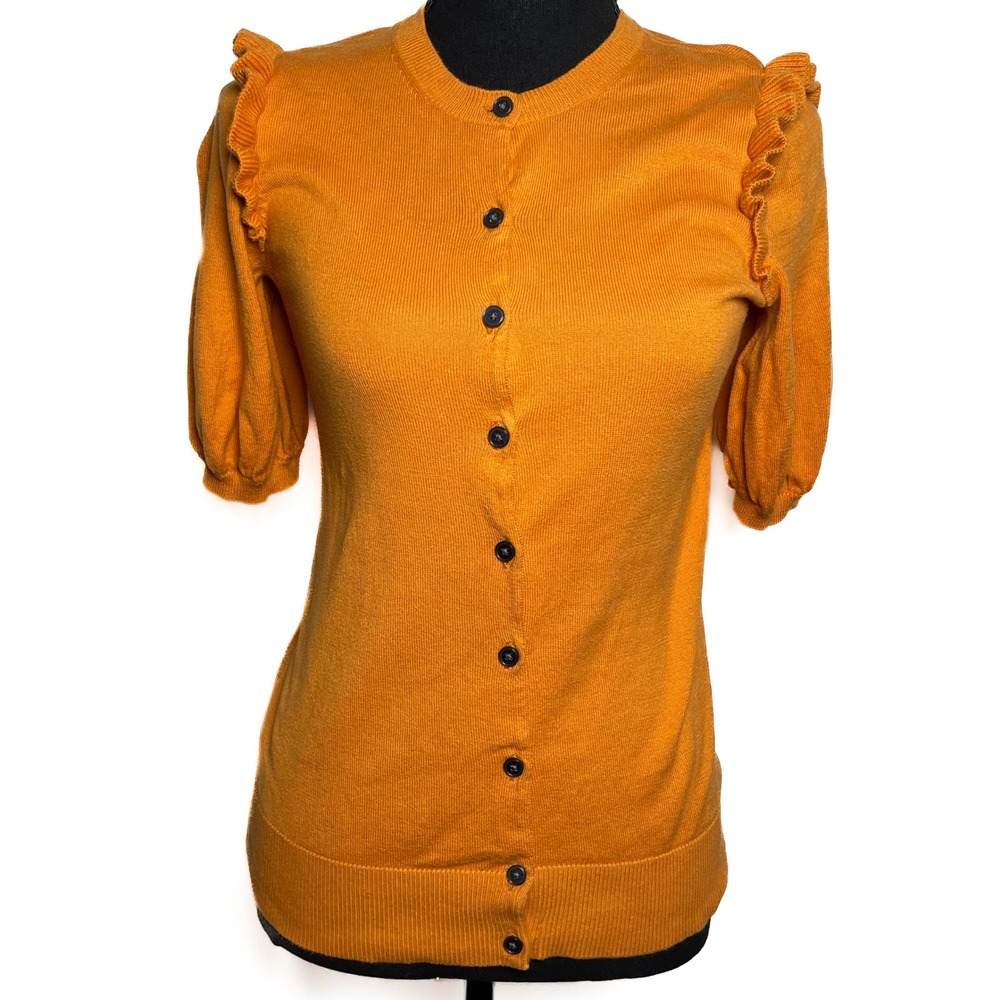 Boden Sweater Ruffle Short Sleeve Button Up‎ Cardigan Pumpkin Orange Sz 4 Fall